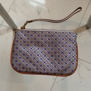 J. Crew Silk Wristlet with leather strap and trim.